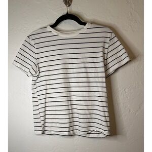 MNG Mango Women White Black Striped Short Sleeve Crew Neck T-Shirt Size Small